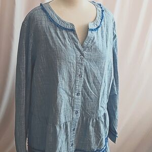 Boho Logo Blue cotton ls button down flare ls top 1X